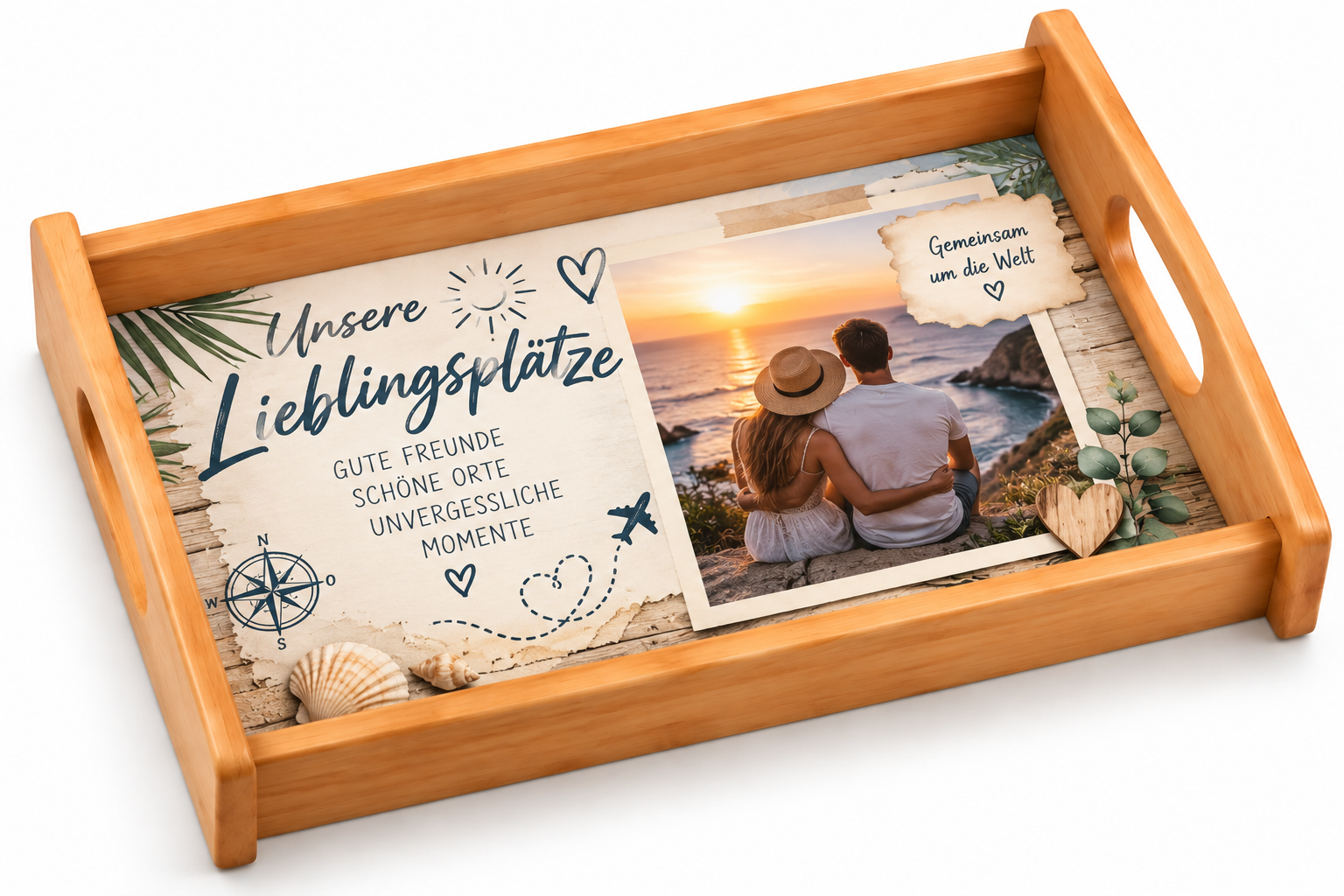 Personalisiertes Fototablett Natur aus Holz mit eigenem Foto – Serviertablett 33 x 20,5 cm
