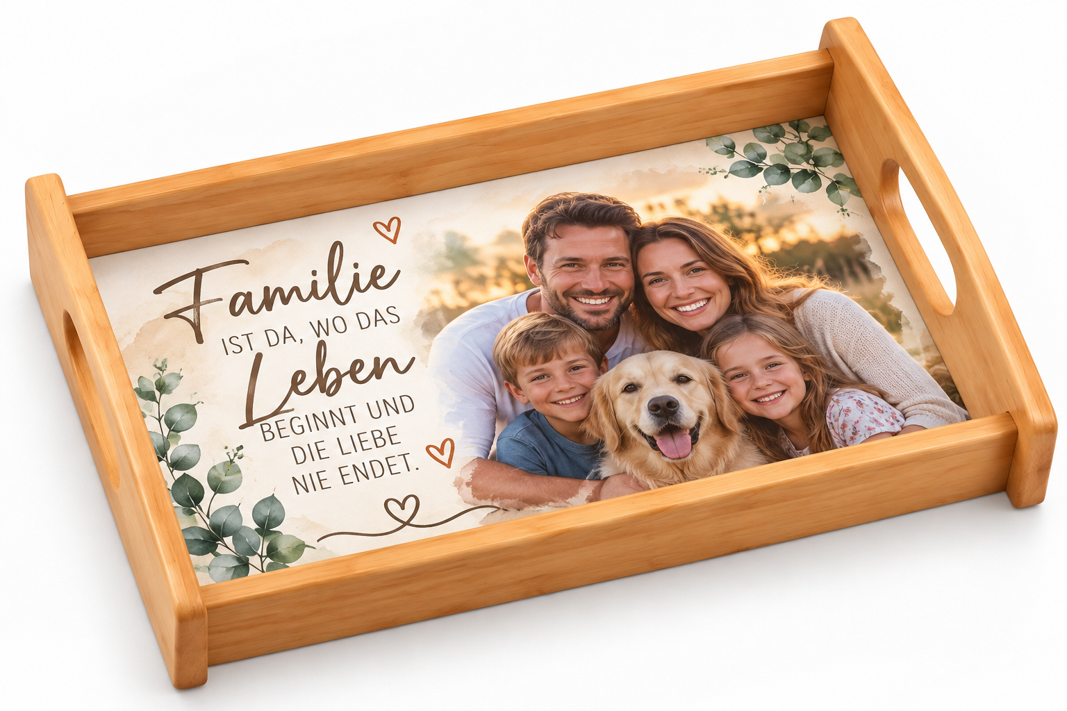Personalisiertes Fototablett Natur aus Holz mit eigenem Foto – Serviertablett 33 x 20,5 cm
