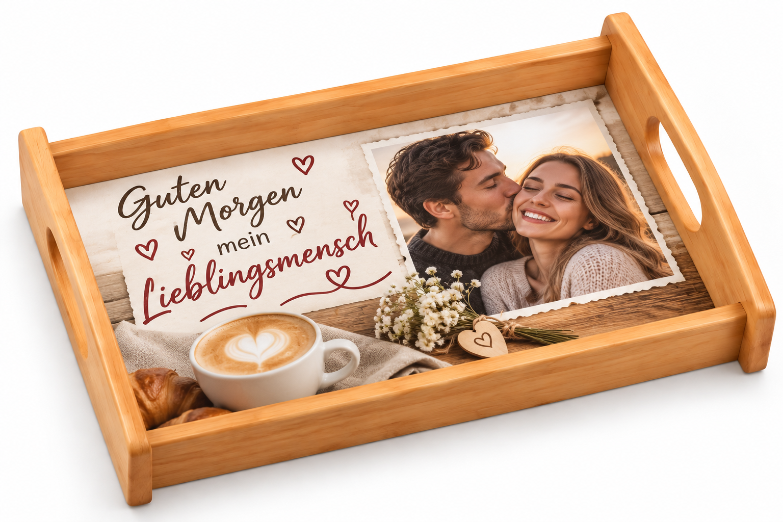 Personalisiertes Fototablett Natur aus Holz mit eigenem Foto – Serviertablett 33 x 20,5 cm